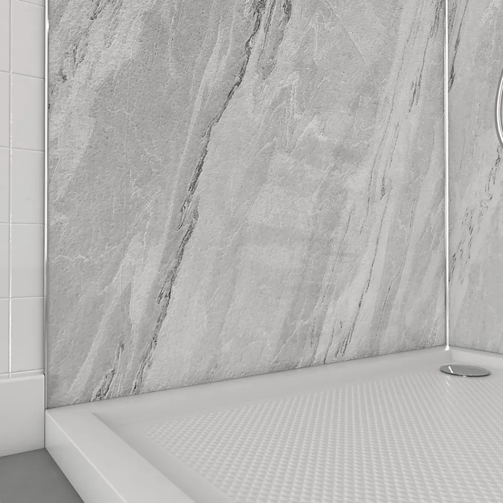 Galedo Panneau Mural De Salle De Bains<Pack de 2 panneaux muraux de salle de bains, gris effet marbre avec profilés chromés, l.90+90 x H.210 x P.0,3 cm, Homestone