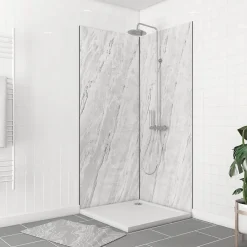 Galedo Pack de 2 panneaux muraux de salle de bains, blanc effet marbre avec profilés noirs, l.90+90 x H.210 x P.0,3 cm, Homestone- Panneau Mural De Salle De Bains
