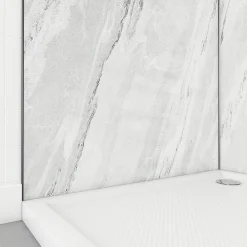 Galedo Pack de 2 panneaux muraux de salle de bains, blanc effet marbre avec profilés noirs, l.90+90 x H.210 x P.0,3 cm, Homestone- Panneau Mural De Salle De Bains