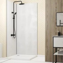 Galedo Pack de 2 panneaux muraux de salle de bains, blanc effet pierre avec profilés noirs, l.90+90 x H.210 x P.0,3 cm, Homestone- Panneau Mural De Salle De Bains