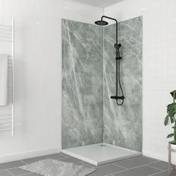Galedo Pack de 2 panneaux muraux de salle de bains, vert effet pierre avec profilés chromés, l.90+90 x H.210 x P.0,3 cm, Homestone- Panneau Mural De Salle De Bains