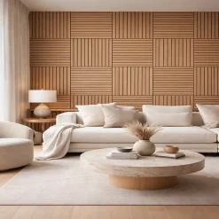 Divina Home Panneau décoratif à lattes de bois, lattes en MDF et feutre PET, lot de 12 pièces, 60x60 cm, revêtement mural insonorisant, chêne.- Panneau Mural Décoratif
