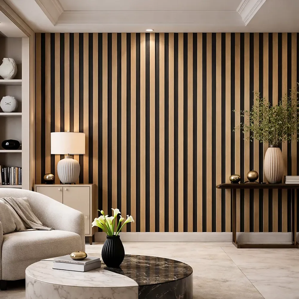 Divina Home Panneau décoratif à lattes de bois, lattes en MDF et feutre PET, lot de 12 pièces, 60x60 cm, revêtement mural insonorisant, chêne.- Panneau Mural Décoratif