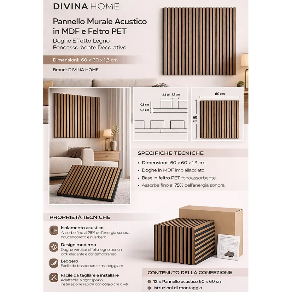Divina Home Panneau décoratif à lattes de bois, lattes en MDF et feutre PET, lot de 12 pièces, 60x60 cm, revêtement mural insonorisant, chêne.- Panneau Mural Décoratif
