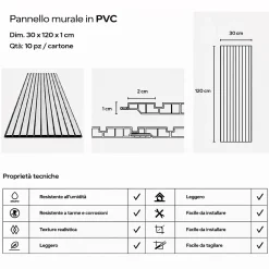 Divina Home Panneau décoratif en PVC imitation lattes de bois, lot de 10 pièces, 120x30 cm, revêtement mural noyer clair- Panneau Mural Décoratif