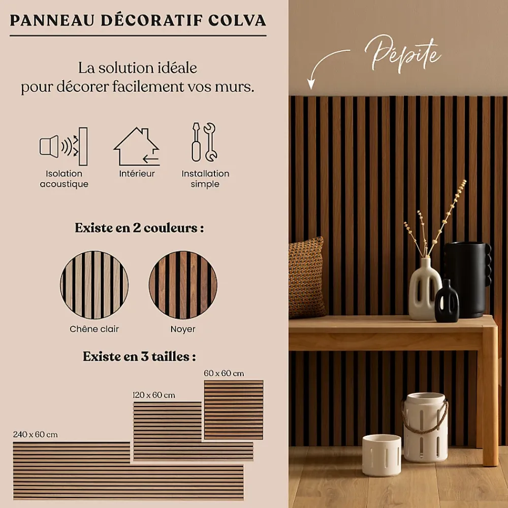 Atmosphera Créateur D'Intérieur Panneau décoratif mural Colva beige fond noir 60x60cm - Atmosphera- Panneau Tasseau Bois