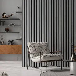 Decoon Panneau Tasseau Bois<Panneau mural acoustique tasseaux bois 250 x 30 x 1,9 cm - Lamelles placage gris fond noir - 0,75m²