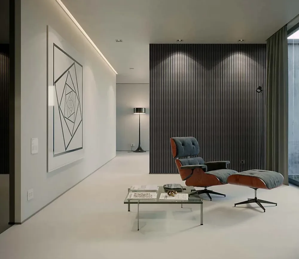Quiet Wall Panneau Mural Acoustique en Bois - 240x60,5x2,2 cm - Chêne Foncé - A Lattes - Panneau Tasseau de Bois Naturel- Panneau Tasseau Bois
