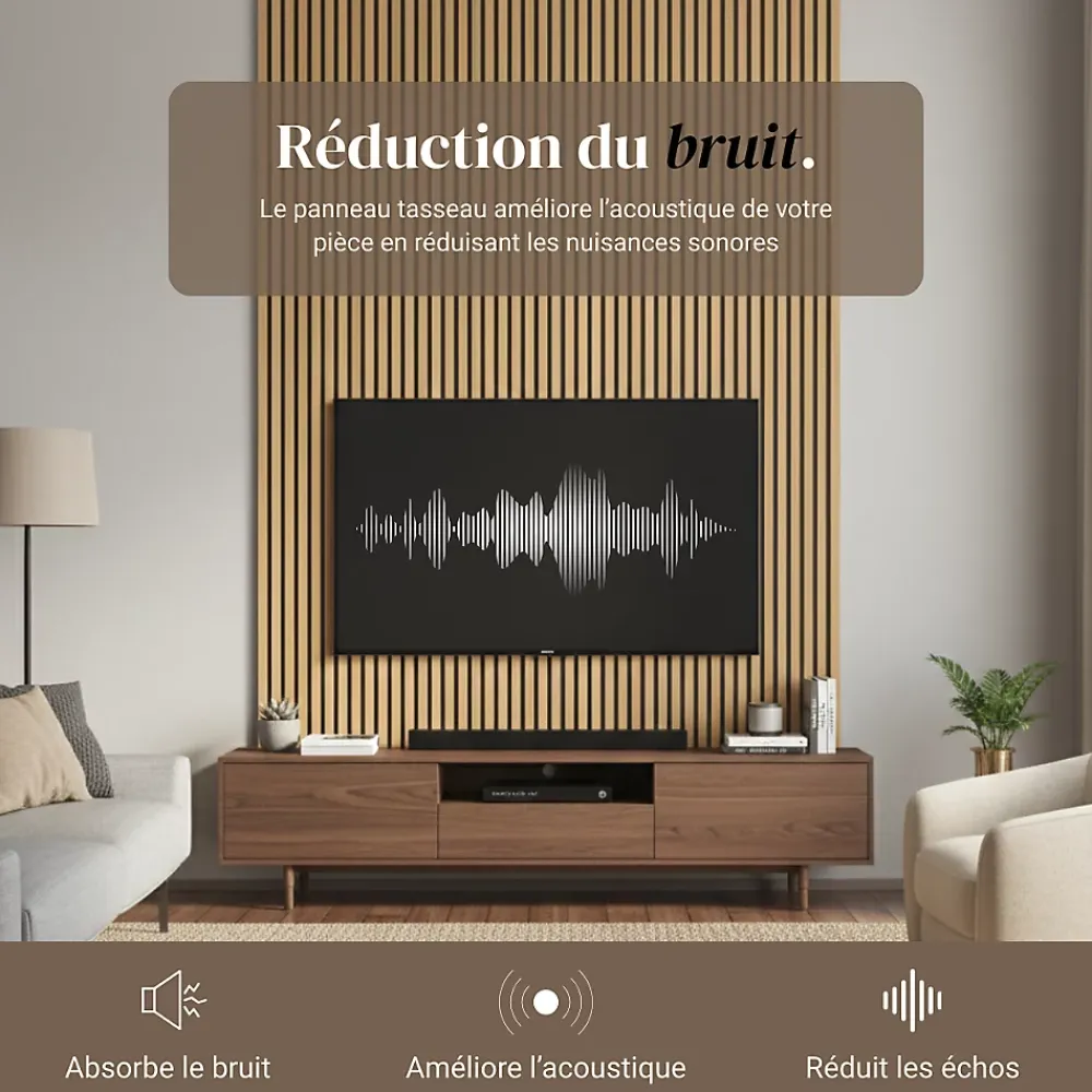 Wood&Sens Panneau mural acoustique tasseaux MDF placage chêne véritable , L.267 cm x l.57,25 cm x Ep. 19 mm- Panneau Tasseau Bois