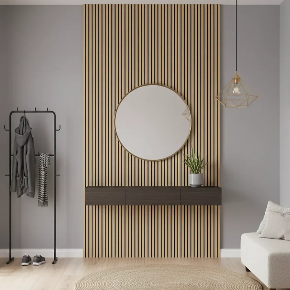 Wood&Sens Panneau mural acoustique tasseaux MDF placage chêne véritable , L.267 cm x l.57,25 cm x Ep. 19 mm- Panneau Tasseau Bois