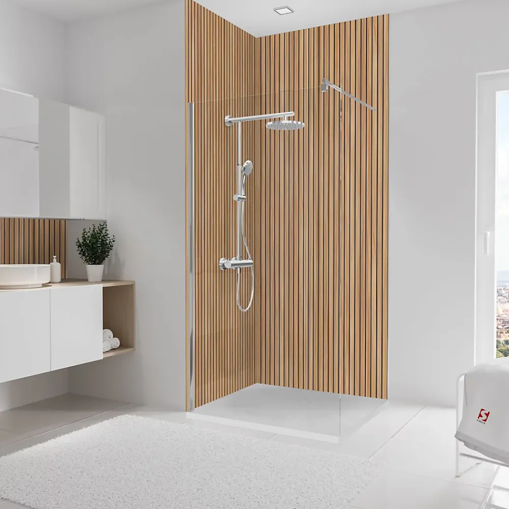 Schulte Panneau mural de salle de bains l.100 x H.255 cm, effet tasseaux bois chêne vertical, Décodesign Japandi vendu par 2- Tasseau Décoratif