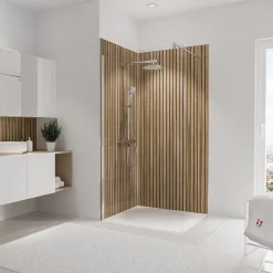 Schulte Panneau mural de salle de bains l.100 x H.210 cm, effet tasseaux bois chêne vertical, Décodesign Japandi vendu par 2- Panneau Mural De Salle De Bains|Tasseau Décoratif