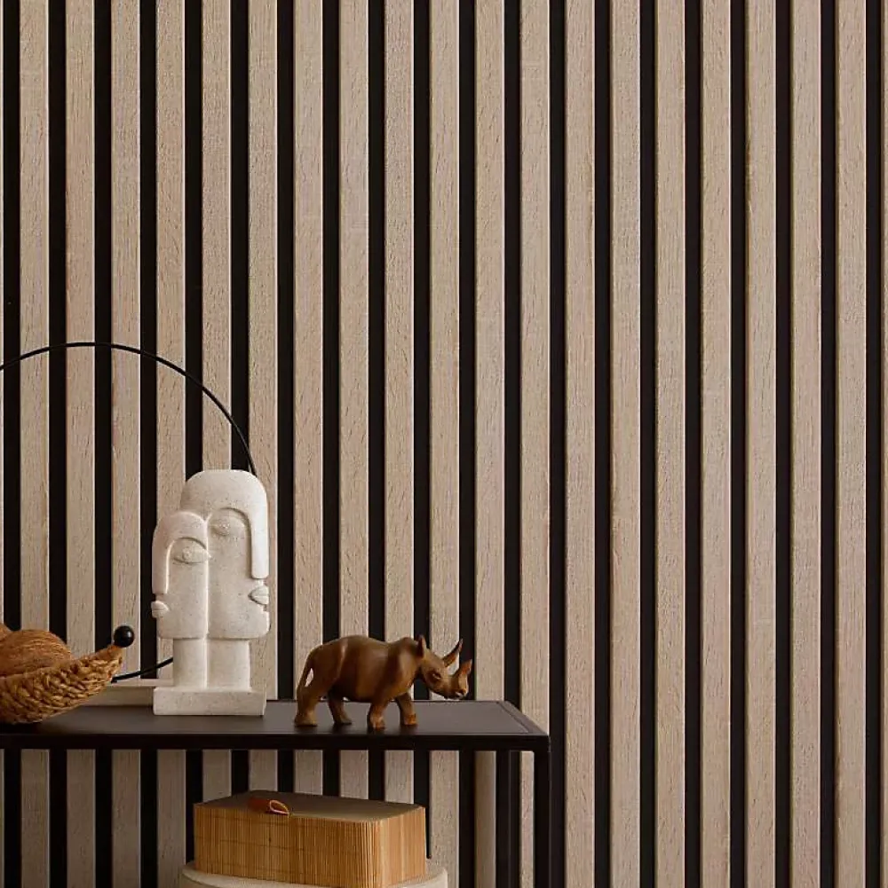 Decoon Panneau tasseaux bois 250 x 30 x 1,9 cm - décor chêne clair fond noir - 0,75m²- Panneau Tasseau Bois