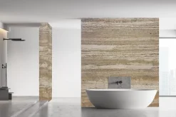 Stone Evolution Panneau 2500x1200x25 mm en véritable Travertin strié sur composite à chants nus- Panneau Mural De Salle De Bains