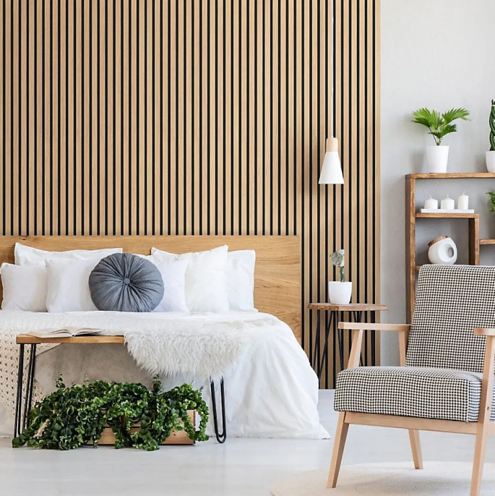 Kosmi Panneaux Acoustiques Décoratifs en MDF Lot de 4, Chêne Blanc, 240x60cm- Panneau Tasseau Bois