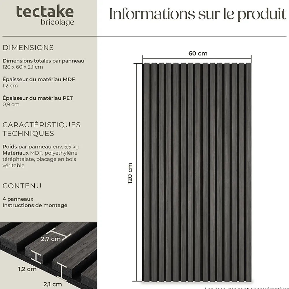 Tectake Panneau Tasseau Bois<Panneaux acoustiques modernes aspect bois en MDF 120 x 60 x 2,1 cm