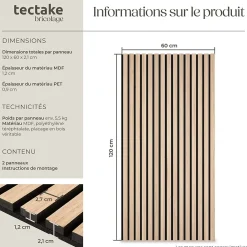 Tectake Panneaux acoustiques modernes aspect bois en MDF 120 x 60 x 2,1 cm- Panneau Tasseau Bois