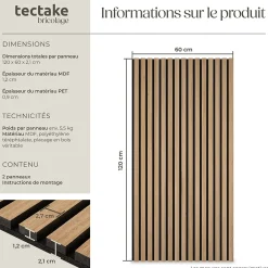 Tectake Panneau Tasseau Bois<Panneaux acoustiques modernes aspect bois en MDF 120 x 60 x 2,1 cm