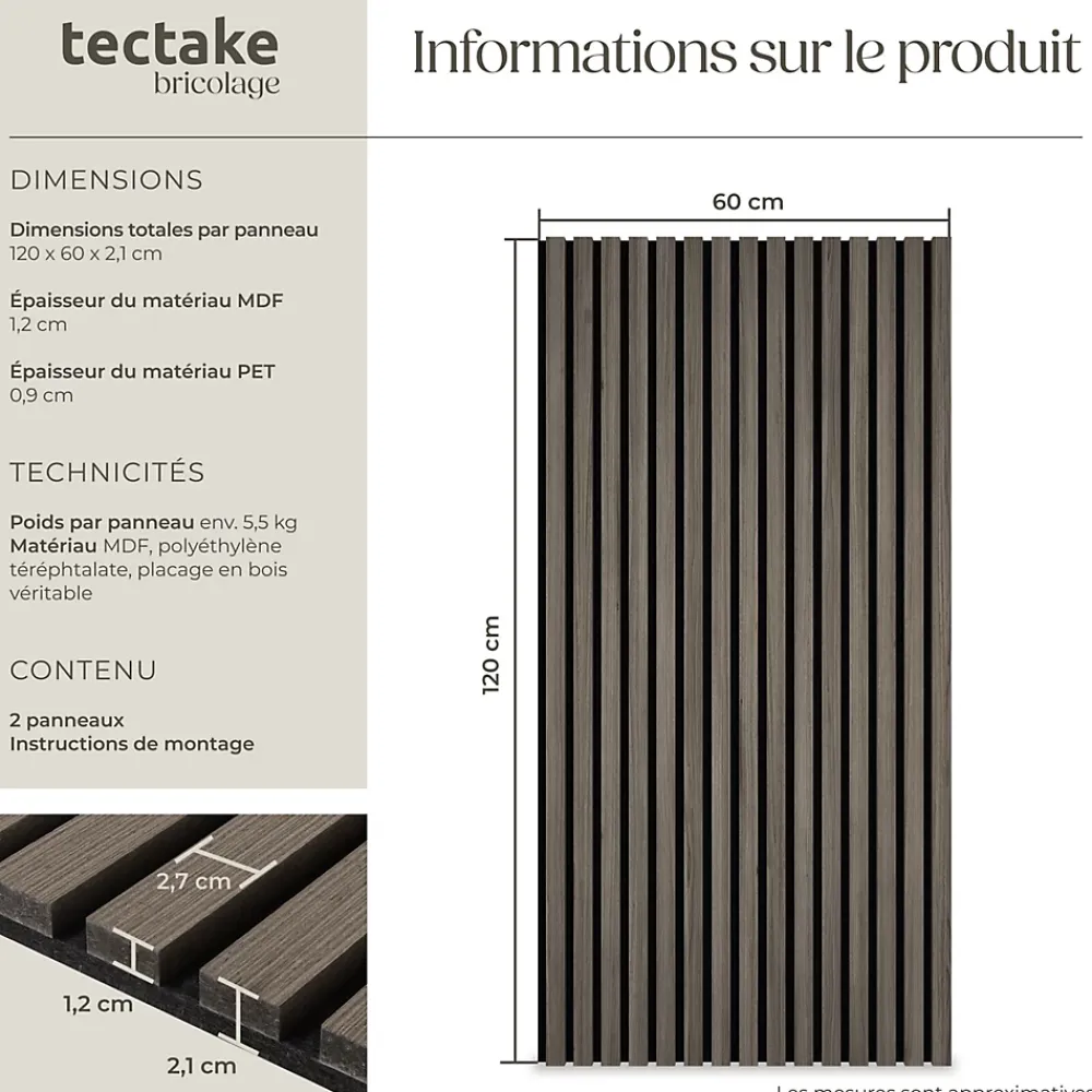 Tectake Panneau Tasseau Bois<Panneaux acoustiques modernes aspect bois en MDF 120 x 60 x 2,1 cm