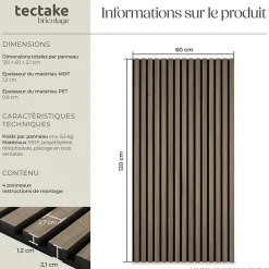 Tectake Panneau Tasseau Bois<Panneaux acoustiques modernes aspect bois en MDF 120 x 60 x 2,1 cm