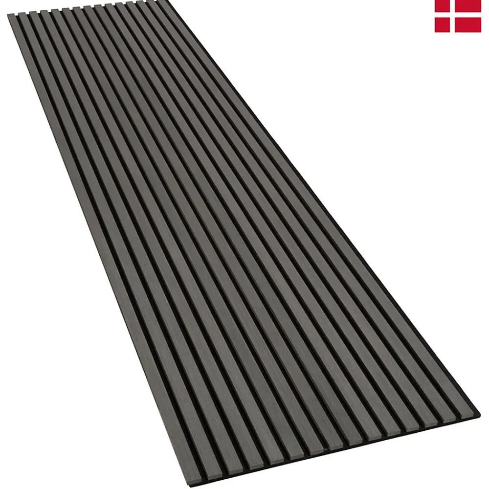 Nordic Acoustics Panneaux muraux acoustiques decoratifs PREMIUM en placage bois veritable chene gris sur MDF noir 240x60 cm- Panneau Tasseau Bois