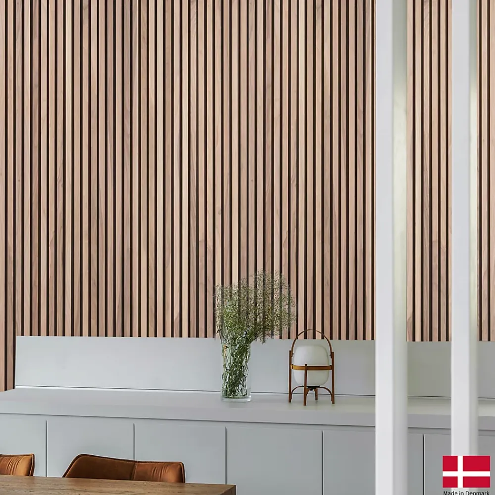 Nordic Acoustics Panneau Tasseau Bois<Panneaux muraux acoustiques décoratifs PREMIUM en placage bois véritable, couleur noyer sur MDF noir, 240x60 cm