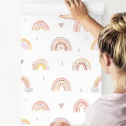 Muralo Papier Peint ARC-EN-CIEL Nuages Cœurs Pour Chambre D'Enfant- Papier Peint
