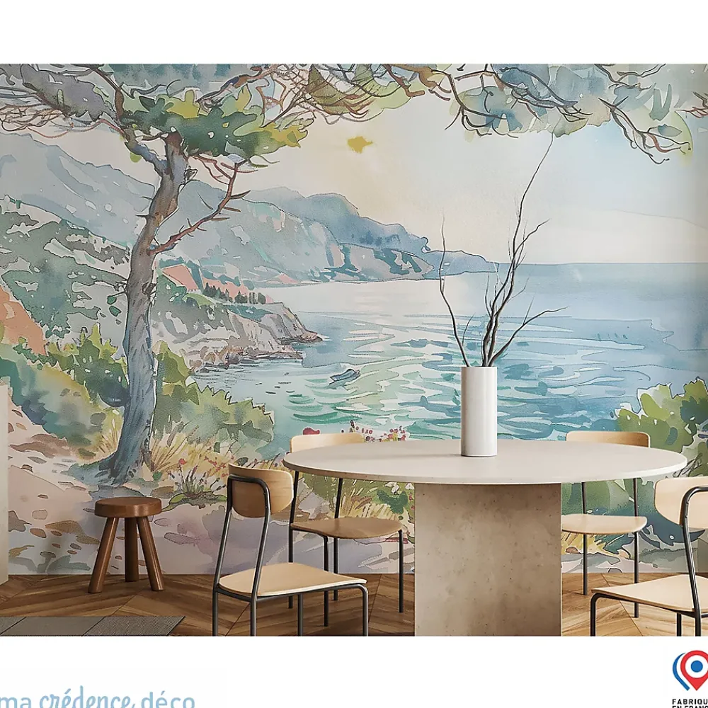 Ma Crédence Déco Papier peint Callanque de Cassis, Aquarelle 2 - Intissé - 400 cm - 280 cm - MaCrédenceDéco- Papier Peint Panoramique
