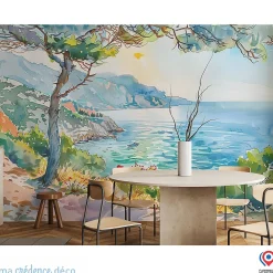 Ma Crédence Déco Papier peint Callanque de Cassis, Aquarelle 2 - Intissé - 400 cm - 280 cm - MaCrédenceDéco- Papier Peint Panoramique