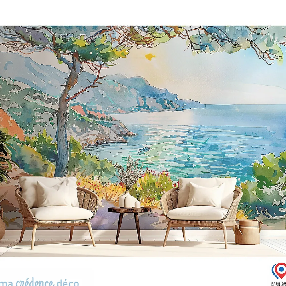 Ma Crédence Déco Papier peint Callanque de Cassis, Aquarelle 2 - Intissé - 400 cm - 280 cm - MaCrédenceDéco- Papier Peint Panoramique