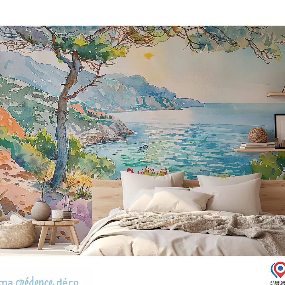 Ma Crédence Déco Papier peint Callanque de Cassis, Aquarelle 2 - Intissé - 400 cm - 280 cm - MaCrédenceDéco- Papier Peint Panoramique
