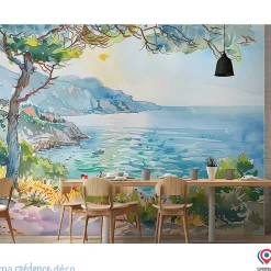 Ma Crédence Déco Papier peint Callanque de Cassis, Aquarelle 2 - Intissé - 400 cm - 280 cm - MaCrédenceDéco- Papier Peint Panoramique