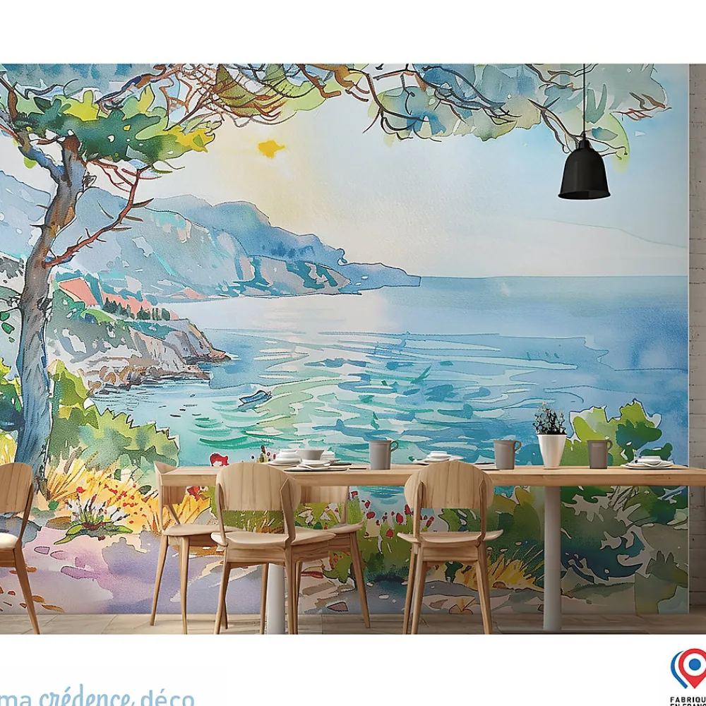 Ma Crédence Déco Papier peint Callanque de Cassis, Aquarelle 2 - Intissé - 400 cm - 280 cm - MaCrédenceDéco- Papier Peint Panoramique
