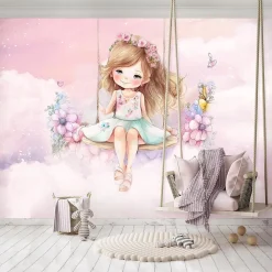 Wallarena Papier Peint Enfant Ballerine Nuages Rose Intissé Panoramique 350x250 cm - Colle Inclus - Chambre Enfant - Moderne Papier Peint- Papier Peint Panoramique