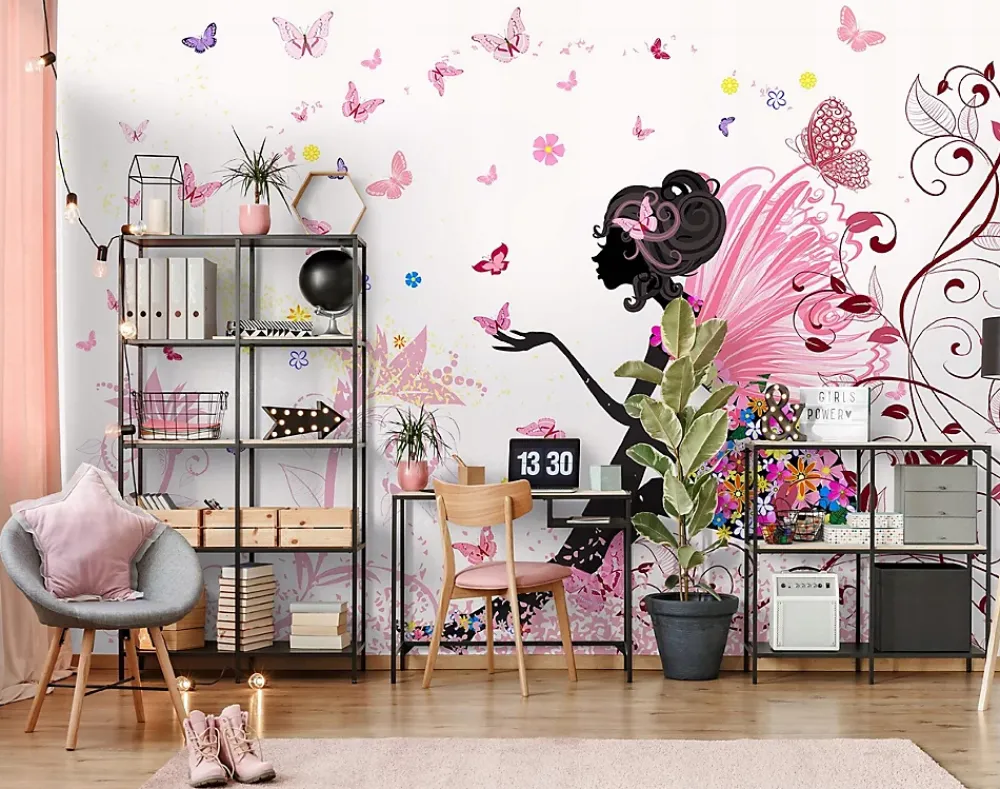Wallarena Papier Peint Panoramique<Papier Peint Enfant Fée Papillons Rose Intissé Panoramique 350x250 cm - Colle Inclus - Chambre Enfant - Moderne Papier Peint