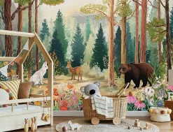 Wallarena Papier Peint Enfant Forêt Arbres Animaux Intissé Panoramique 350x250 cm - Colle Inclus - Chambre Enfant - Moderne Papier Peint- Papier Peint Panoramique