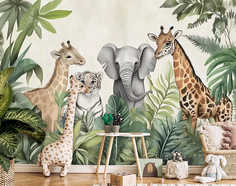 Wallarena Papier Peint Enfant Intissé Panoramique Pour Enfant Chhambre Jungle Animaux 250x175- Papier Peint Panoramique