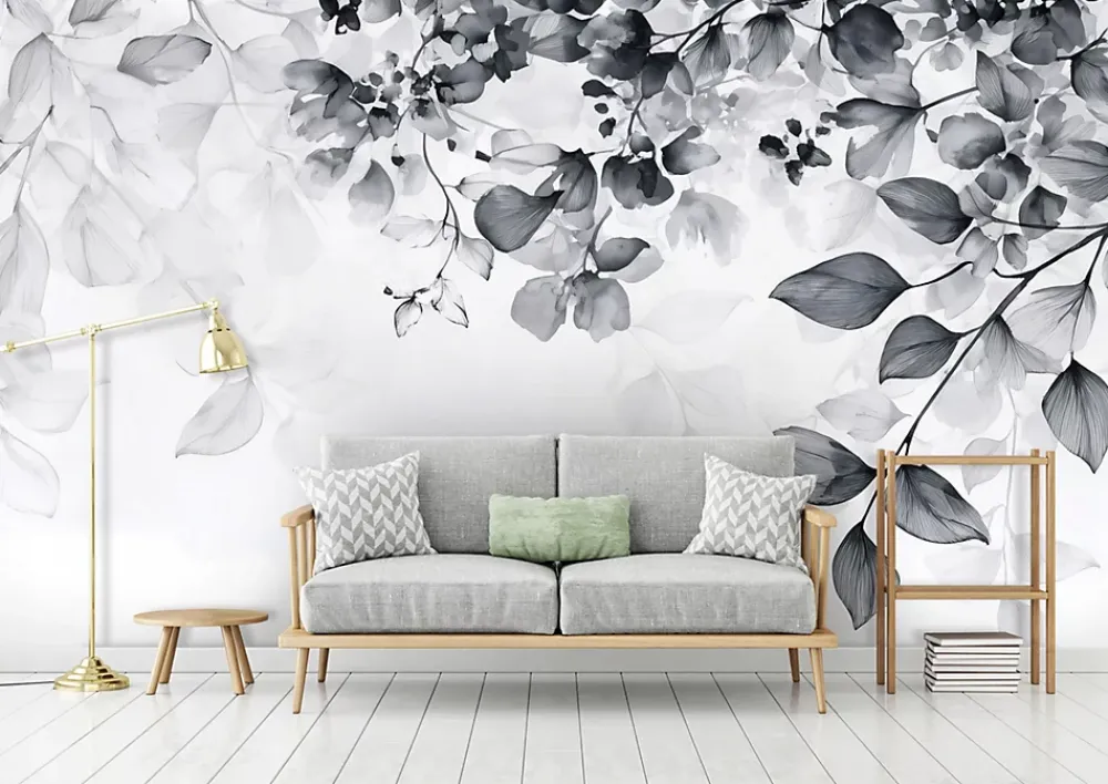 Wallarena Papier Peint Feuilles Noir et blanc Intissé Panoramique Pour Chambre Cuisine 350x250 cm- Papier Peint Panoramique