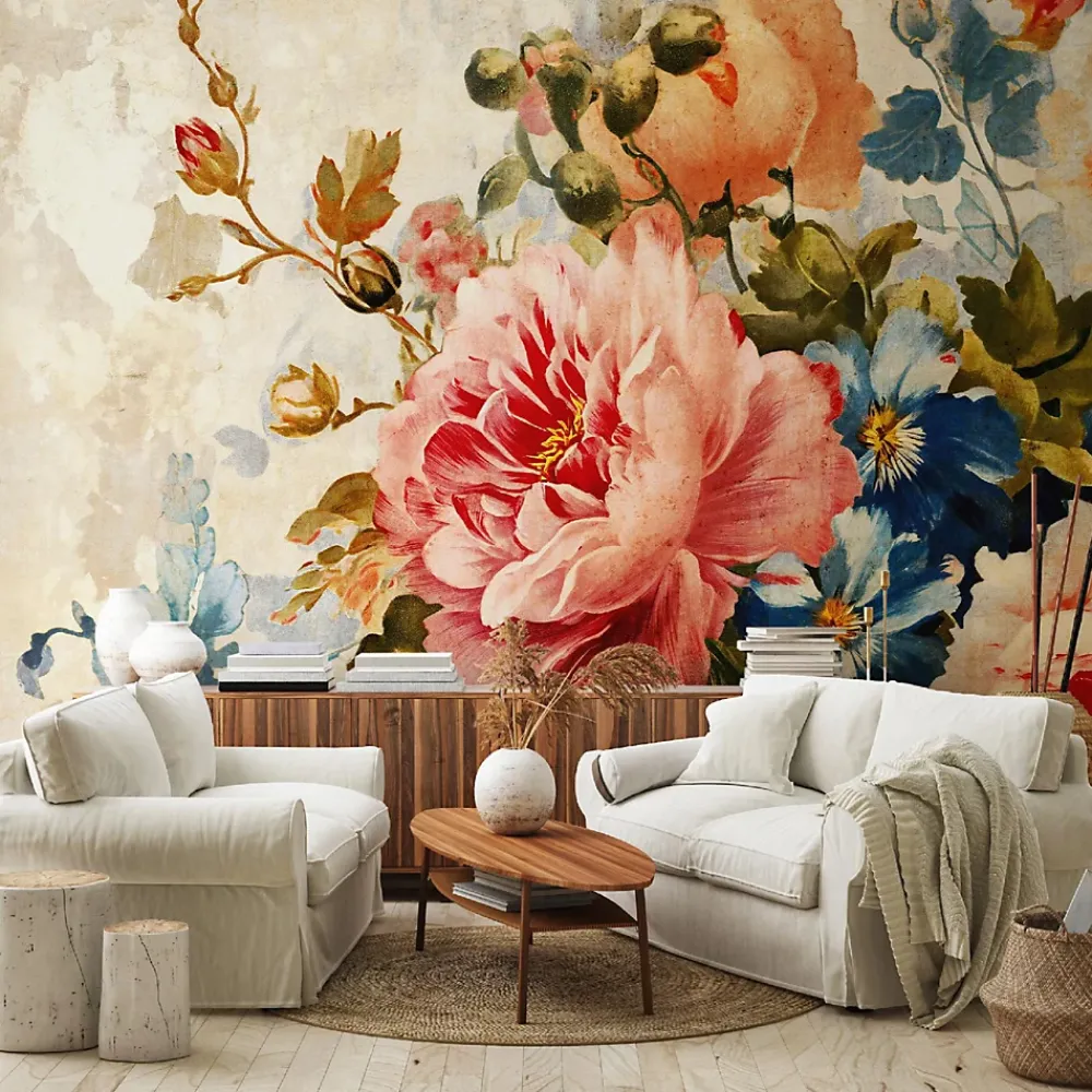 Wallarena Papier Peint Fleurs Pivoines Béton Intissé Panoramique 350x250 cm - Colle Inclus - Chambre et Salon - Moderne Papier Peint- Papier Peint Panoramique