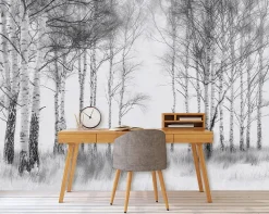 Wallarena Papier Peint Forêt Arbres Noir et blanc Intissé Panoramique Pour Chambre Cuisine 300x210 cm- Papier Peint Panoramique