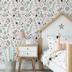 Muralo Papier Peint Intissé COEURS Brindilles Fleurs Feuilles Colorées Pour Chambre D'Enfant- Papier Peint