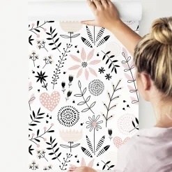 Muralo Papier Peint Intissé COEURS Brindilles Fleurs Feuilles Colorées Pour Chambre D'Enfant- Papier Peint