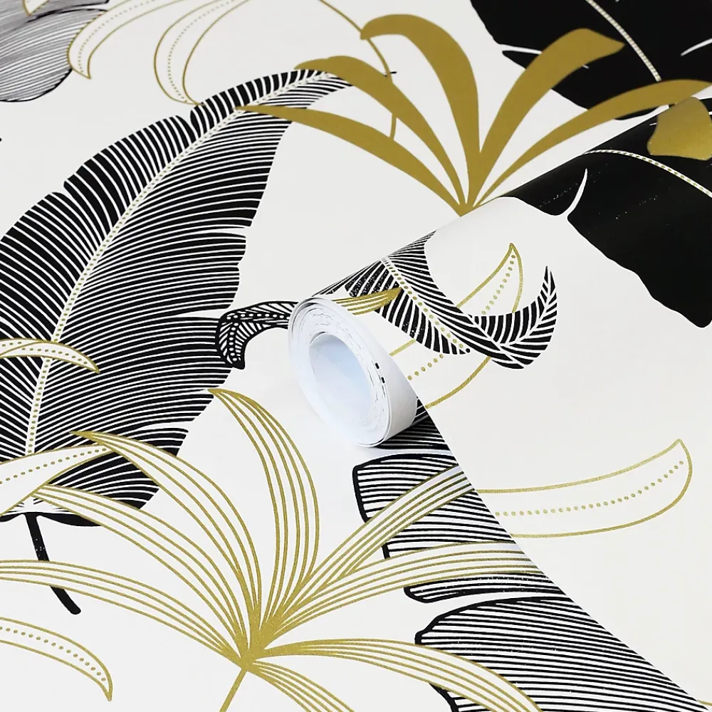 GoodHome Papier Peint<Papier peint intissé Selago noir or et blanc