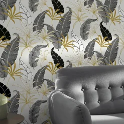 GoodHome Papier Peint<Papier peint intissé Selago noir or et blanc