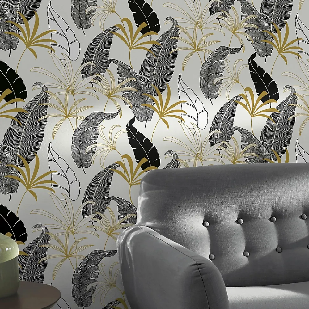 GoodHome Papier Peint<Papier peint intissé Selago noir or et blanc