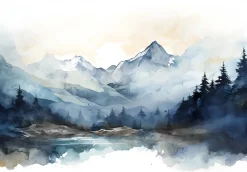 Wallarena Papier Peint Panoramique<Papier Peint Intissé Panoramique Montagnes Aquarelle 300x210 cm - Colle Inclus - Chambre et Salon - Bleu Blanc