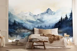 Wallarena Papier Peint Panoramique<Papier Peint Intissé Panoramique Montagnes Aquarelle 300x210 cm - Colle Inclus - Chambre et Salon - Bleu Blanc