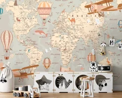 Wallarena Papier Peint Panoramique<Papier Peint Intissé Panoramique Enfant Carte du monde 350x250 cm - Colle Inclus - Papier Peint Enfant Beige