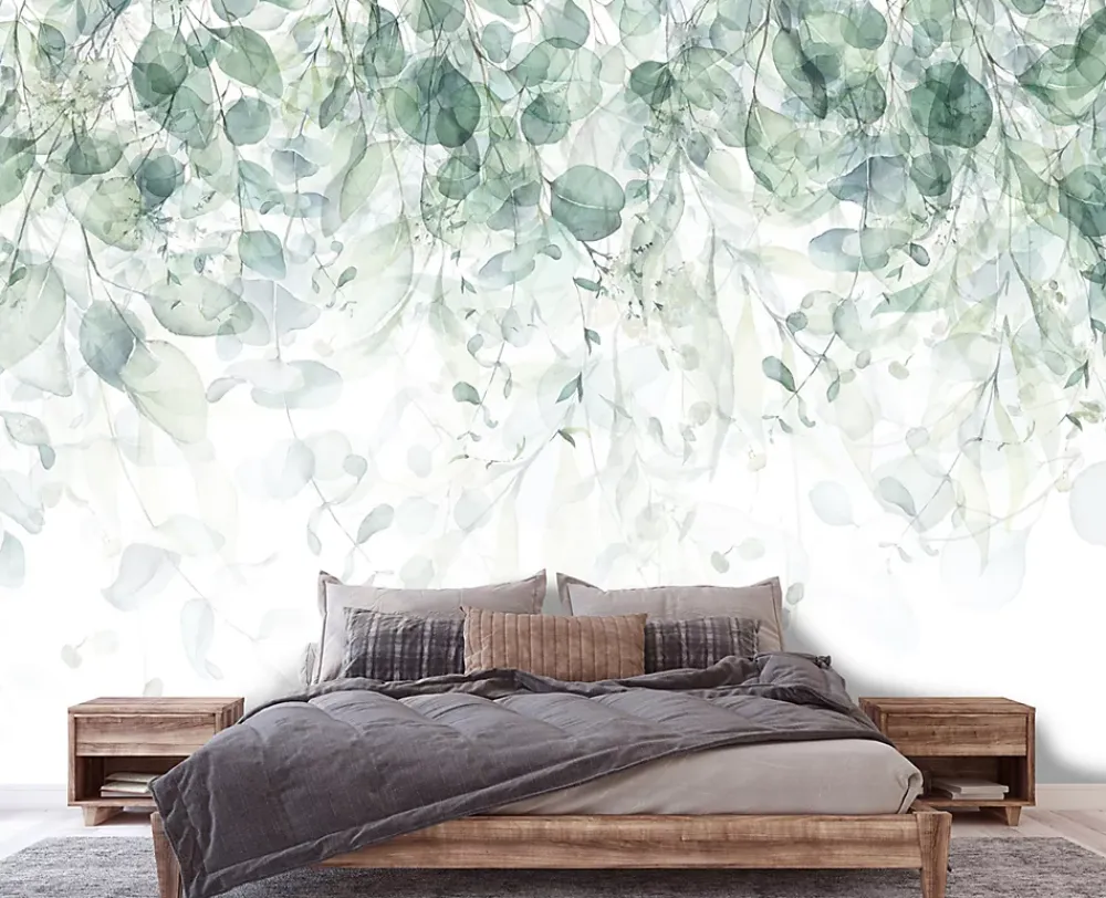 Wallarena Papier Peint Intissé Panoramique Feuilles Vert 400x280 cm - Colle Inclus - Colle Inclus - Chambre et Salon - Vert Blanc Nature- Papier Peint Panoramique