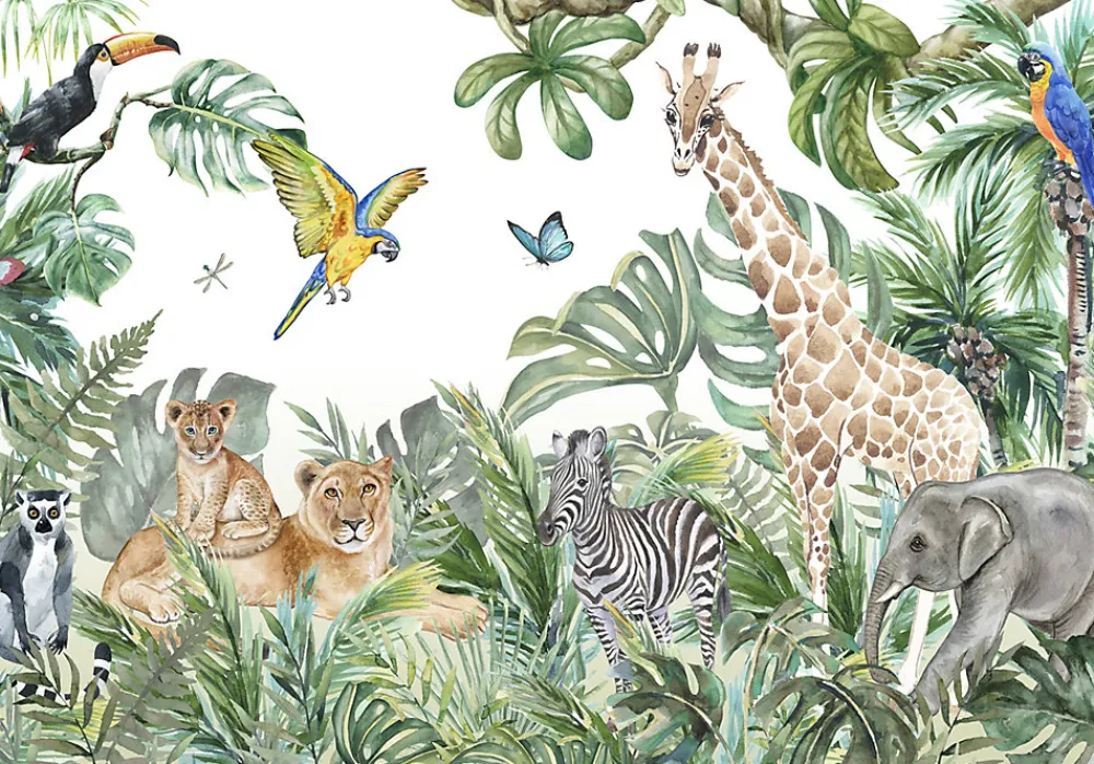 Wallarena Papier Peint Panoramique<Papier Peint Intissé Panoramique Enfants Jungle Animaux 368x254 cm - Colle Inclus - Chambre et Salon - Moderne Trompe l'oeil